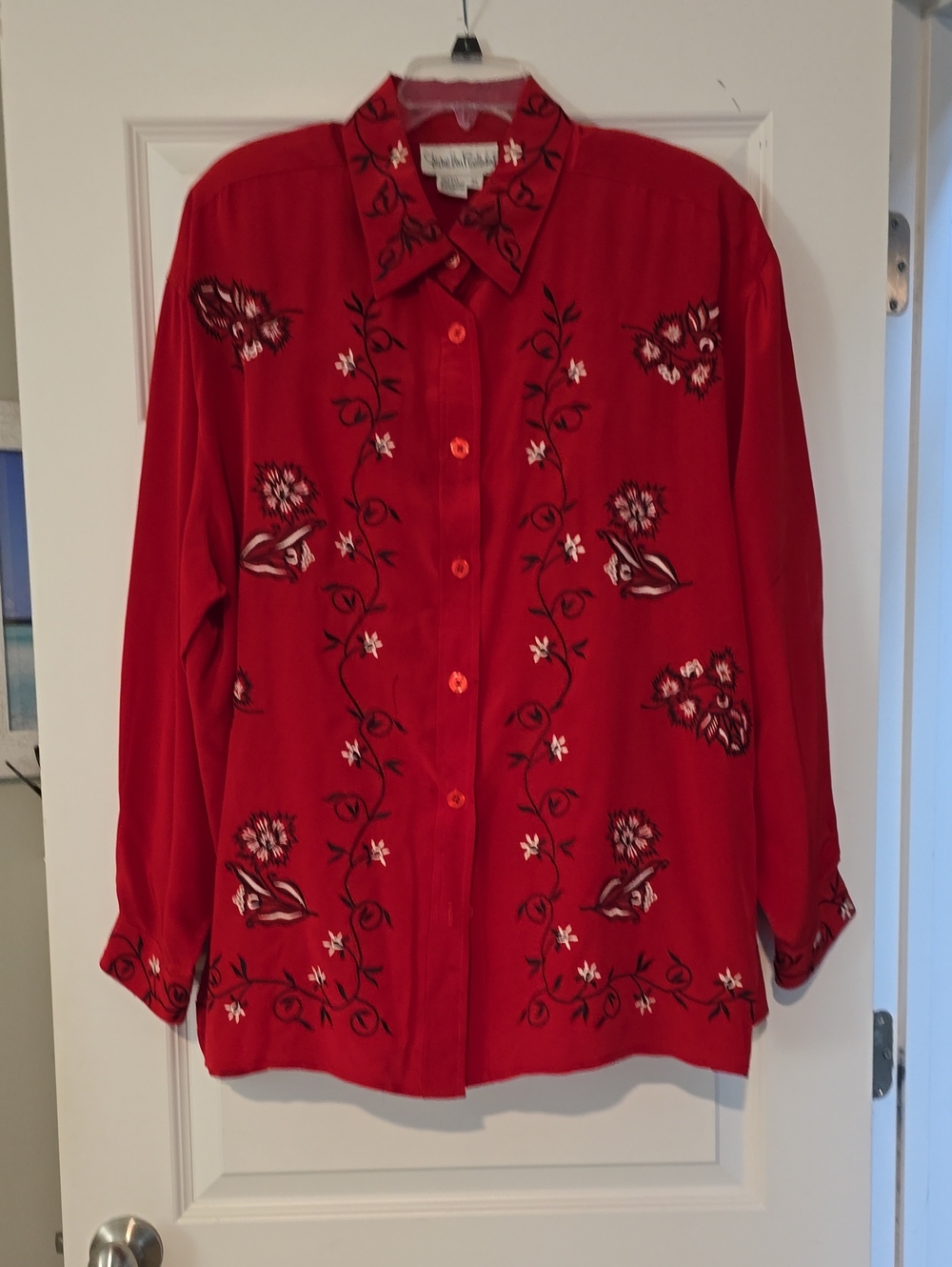 Vintage-Inspired Diane Von Furstenberg Red Embroidered SILK Button-Up Shirt